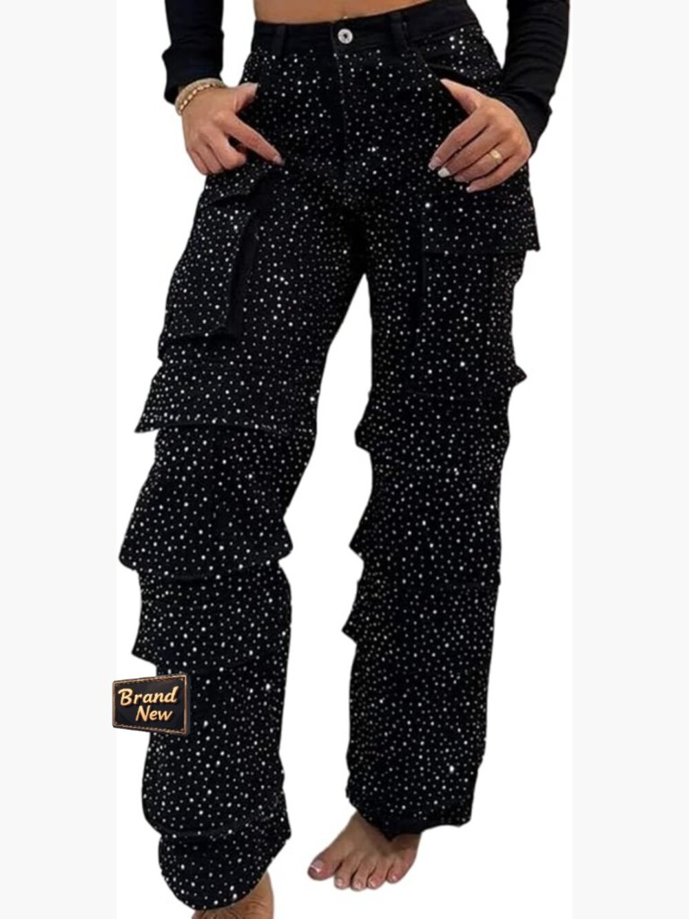 High Rise Rhinestone Straight Leg Cargo Jeans Women Y2k Sparkly Denim Pants
